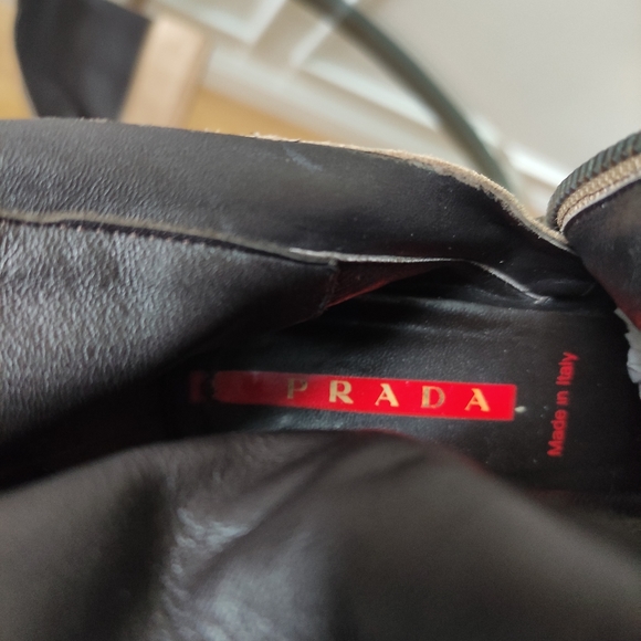 Prada square toe tall boots silver hardware logo women 37.5 tan suede - Picture 11 of 12